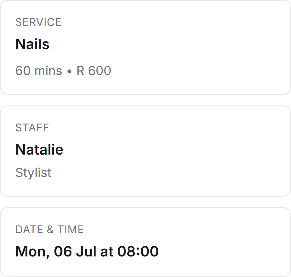Booking summary review screen