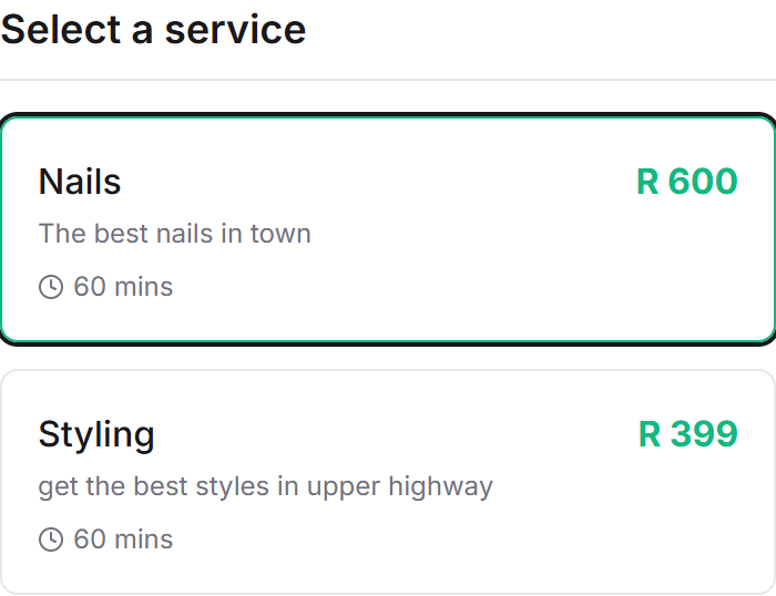 Select a service screen