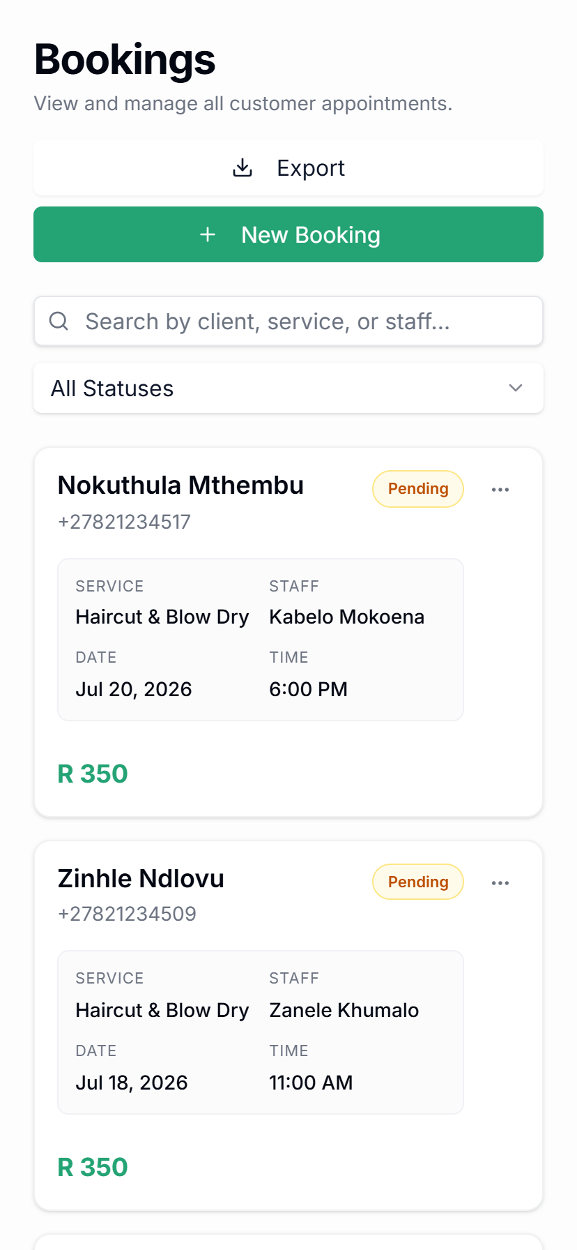 Qwickly bookings on mobile