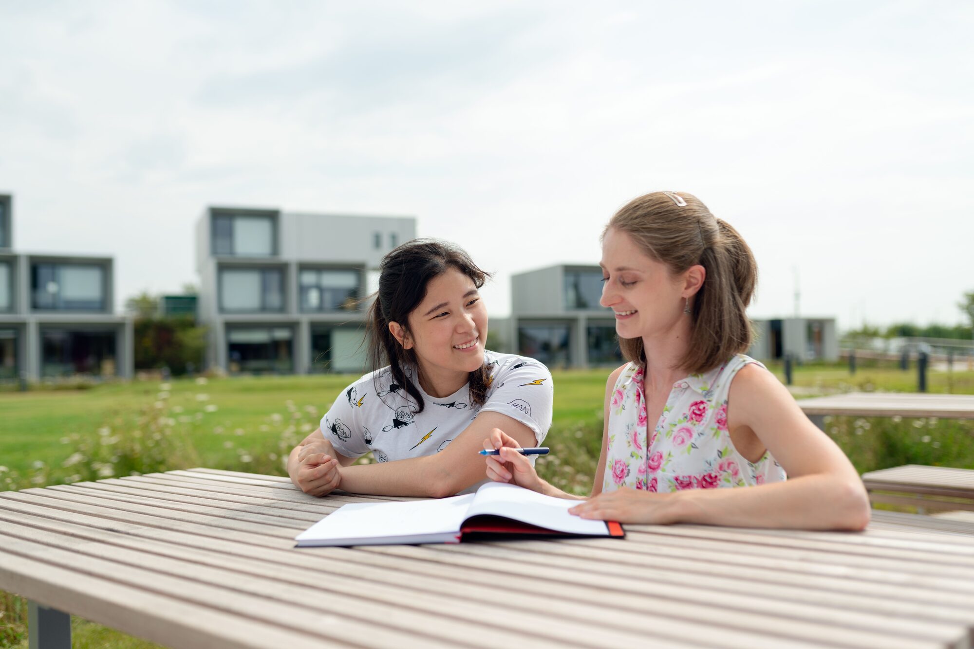 Tutor and student studying together outdoors